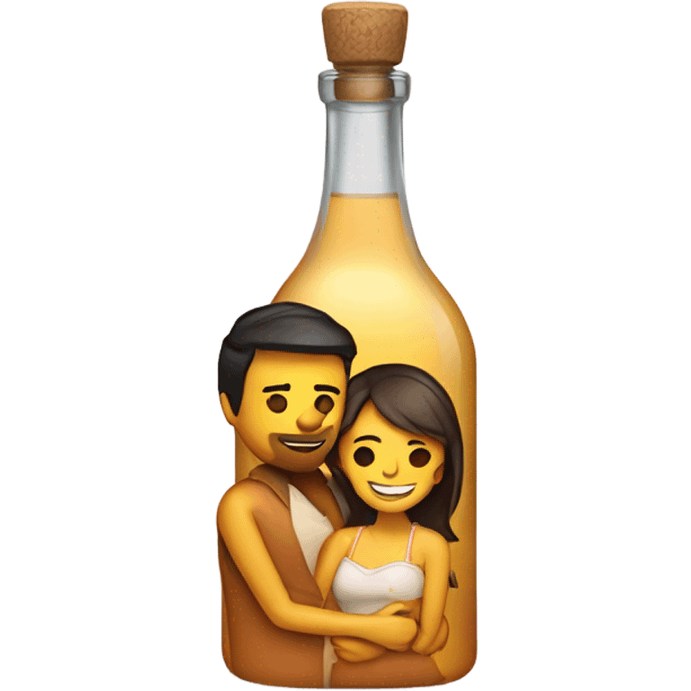 Bottle of tequila and romantic couple hugging in backgr emoji