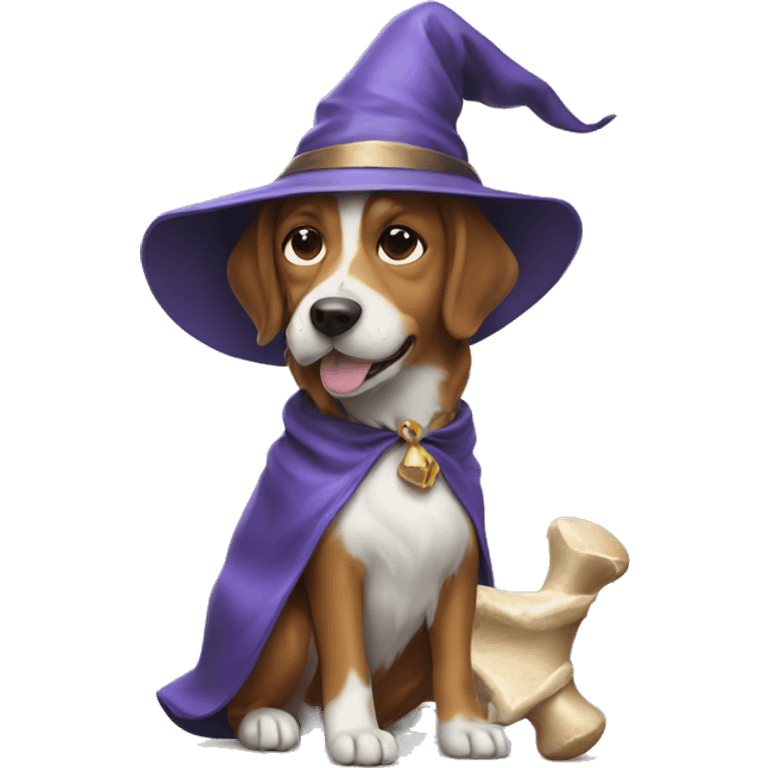 a dog with a bone and a wizard hat emoji