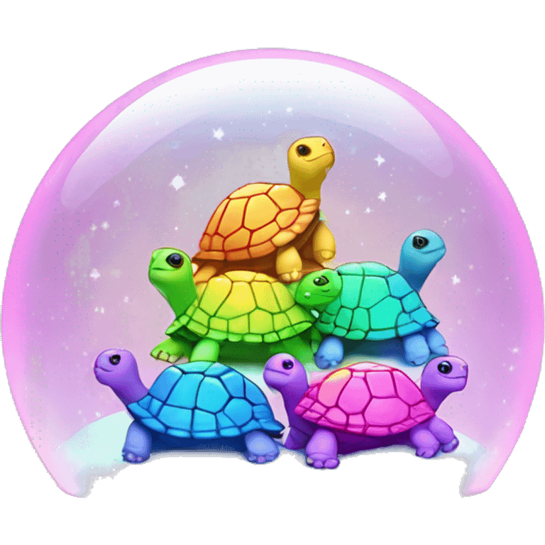 Kawaii rainbow pastel family of turtles in neon snow globe  emoji