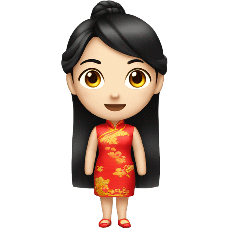 A beautiful Chinese girl with black hair, wearing a red cheongsam, in emoji style. emoji