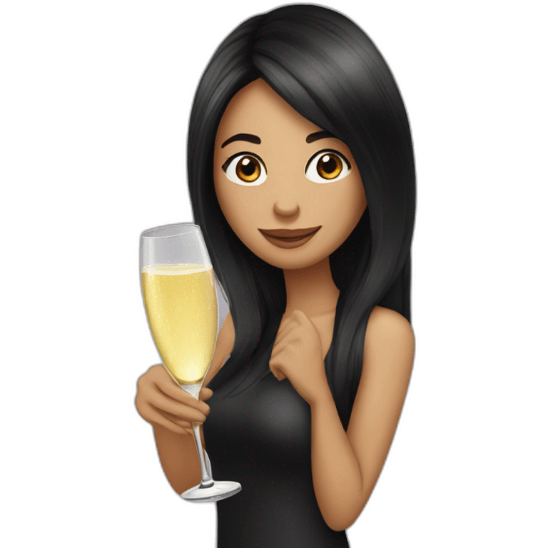 Funny woman with black long hair drinks champagne emoji