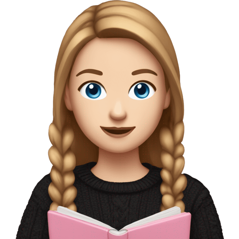 caucasian white IT girl student, holding pink laptop, blue eyes, brown hair ponytail wearing a thick black sweater emoji