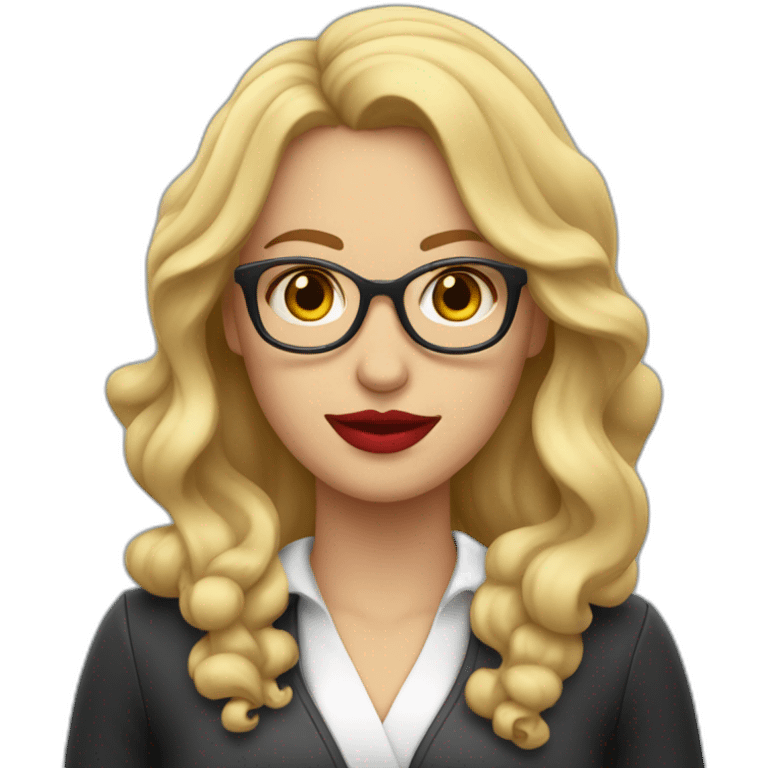 mujer rubia con pelo largo ondulado, con ojos azules, labios rojos y gafas negras emoji