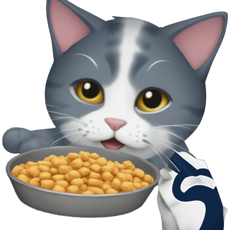 Cat wearing Penn state merch and eating cat food emoji