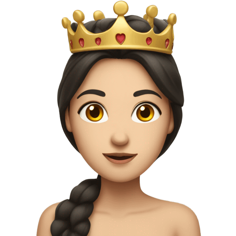 Caucasian long dark haired woman wearing a crown with five hearts floating around her head emoji