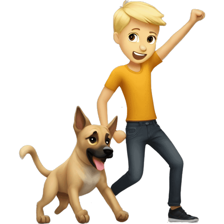 cute blond boy dancing with his malinois dog emoji