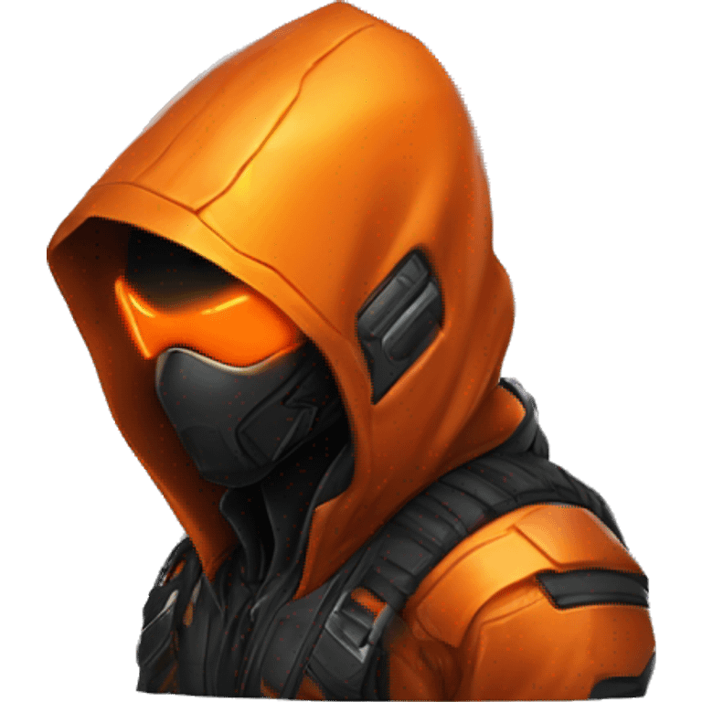 Side view developer behind his laptop with this style : crysis Cyberpunk Valorant orange glowing bright orange character orange black hooded assassin themed character emoji