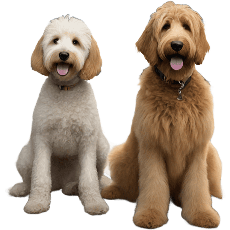 Golden doodle and  black labradoodle sitting on dock emoji