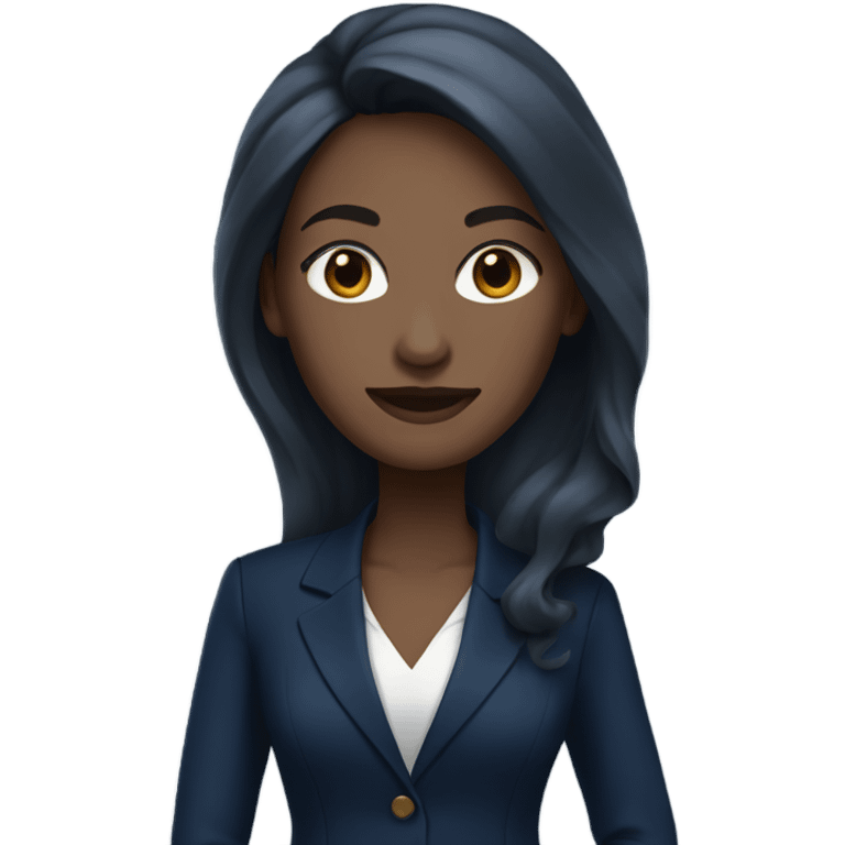 Beautiful business woman with white skin, brown, long hair wearing a navy blue suit  emoji