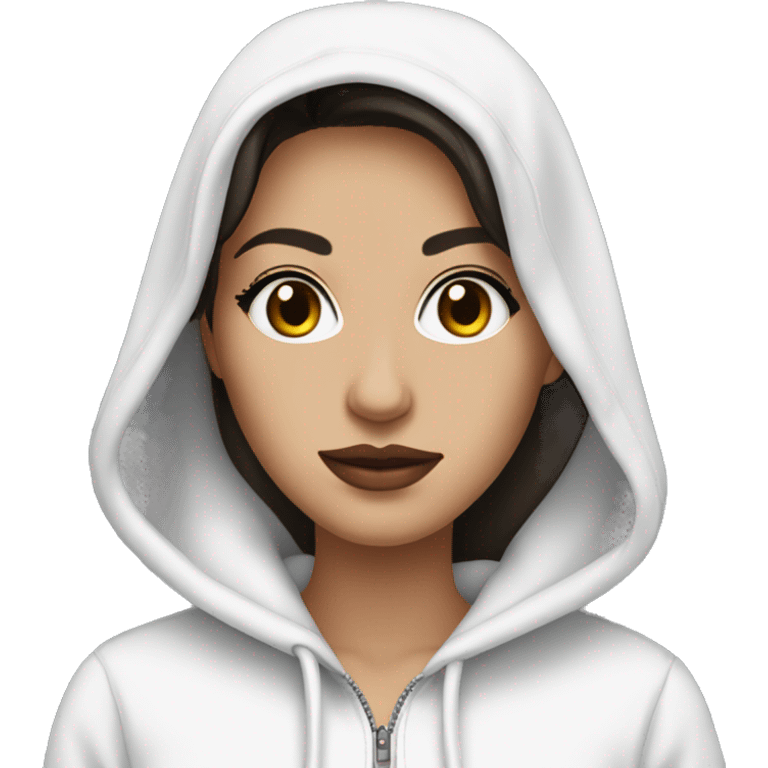 a beautiful brunette with long black eyelashes, plump lips in a white hooded sweatshirt with a zipper emoji