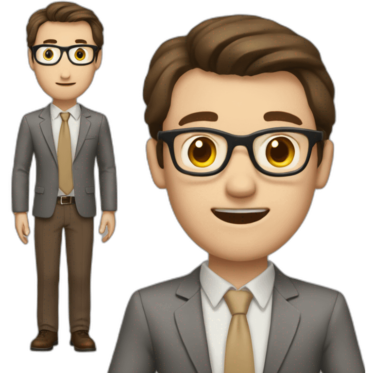 To belt Actively gesturing with hands Pale skinned fit man teacher with dark brown hair in gray jacket, beige office shirt, brown tie, brown pants and vintage glasses. emoji