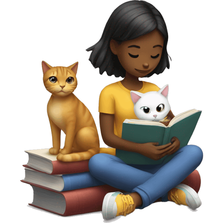 a girl reading a book and a cat emoji