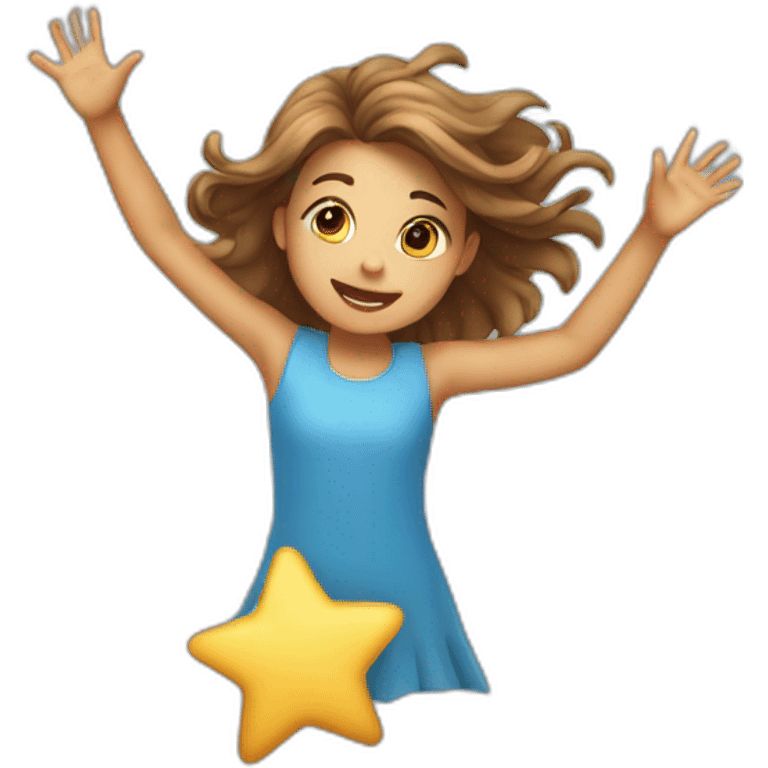 Girl with waving hair holding a star in hands while flying emoji