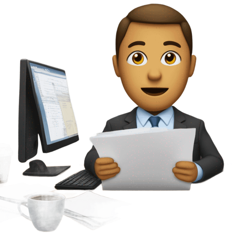 worker at a desk inside an office building, wearing business attire, with a computer and simple office details like coffee or papers emoji