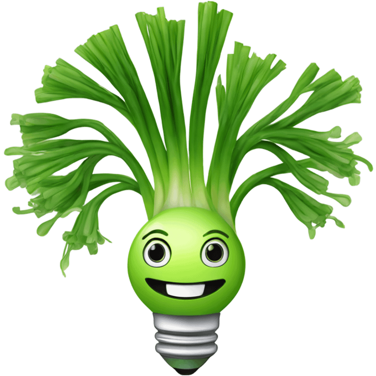 Smiling green onion with a bundle of long, thin green stalks as hair, big expressive eyes, and a cheerful cartoonish face on the white bulb section. Vibrant and playful design. emoji