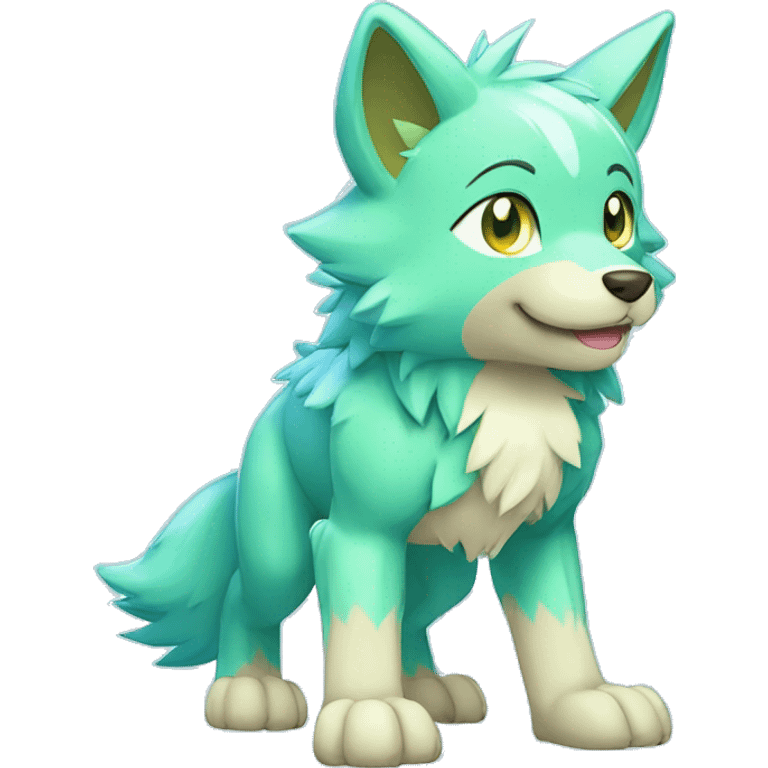 Cute Shy Shiny Light-Green Fakémon-Wolf-Pokémon with Cyan-Blue eyes Full Body emoji