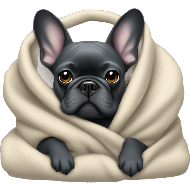 A dark grey French bulldog in a soft blanket emoji