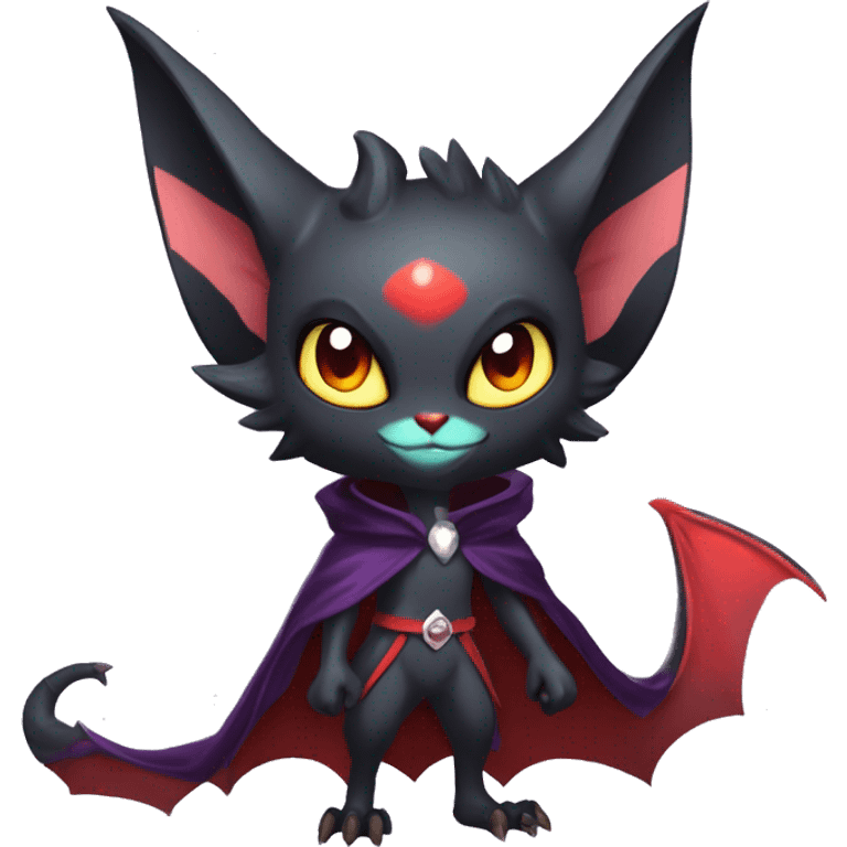  Anthro Kawaii Edgy Cool Vampiric Demonic Beautiful Noivern-Nargacuga-Litten with big Bat Ears and wearing a cape full body emoji