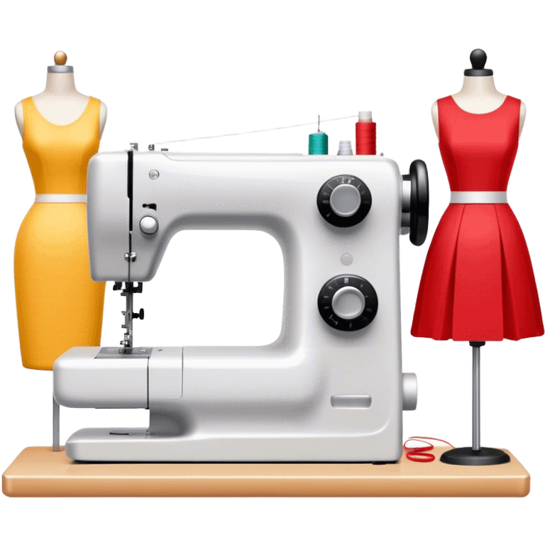 Sewing icon, sewing machine with thread, visible needle, spools of thread, fabric pieces cut according to patterns, measuring tape, pins, scissors, and dresses on mannequins, minimalistic style, clean lines, transparent background. emoji