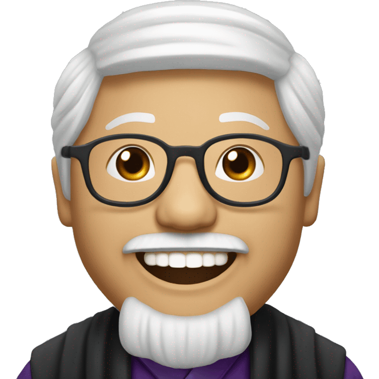 old catholic Hmong priest with black hair, smiling with teeth and glasses emoji