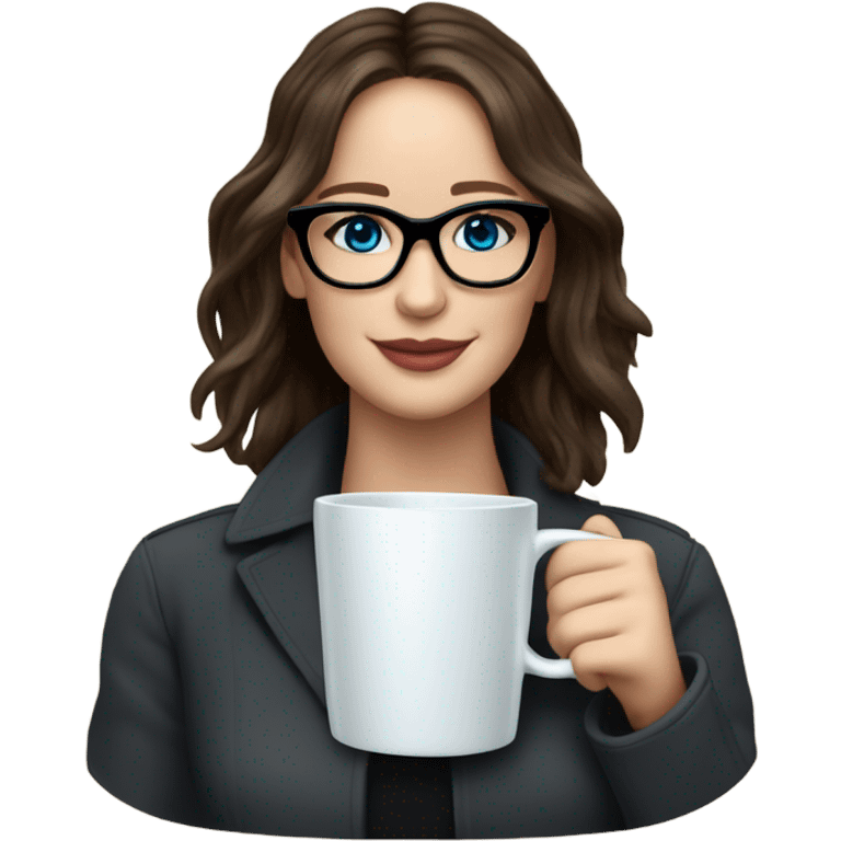 Photo of Brunette Jennifer Lawrence wearing black glasses and blue eyes drinking coffee  emoji