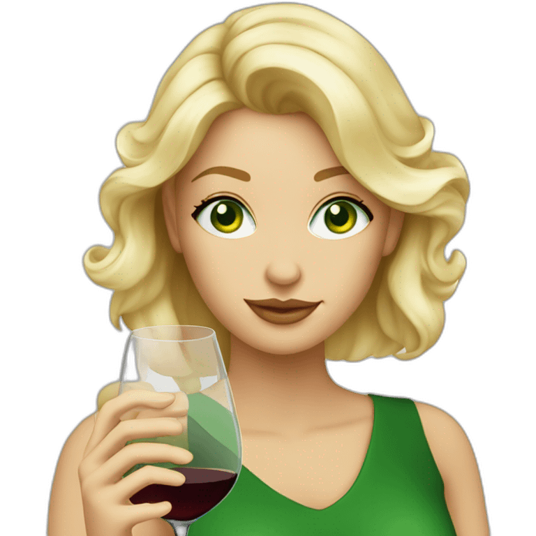 Blond beautiful woman green eyes, with a glass of wine emoji