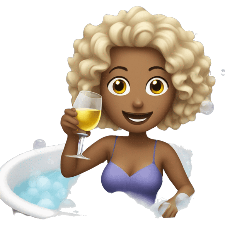 White Woman with curly hair drinking wine in a bubble bath emoji