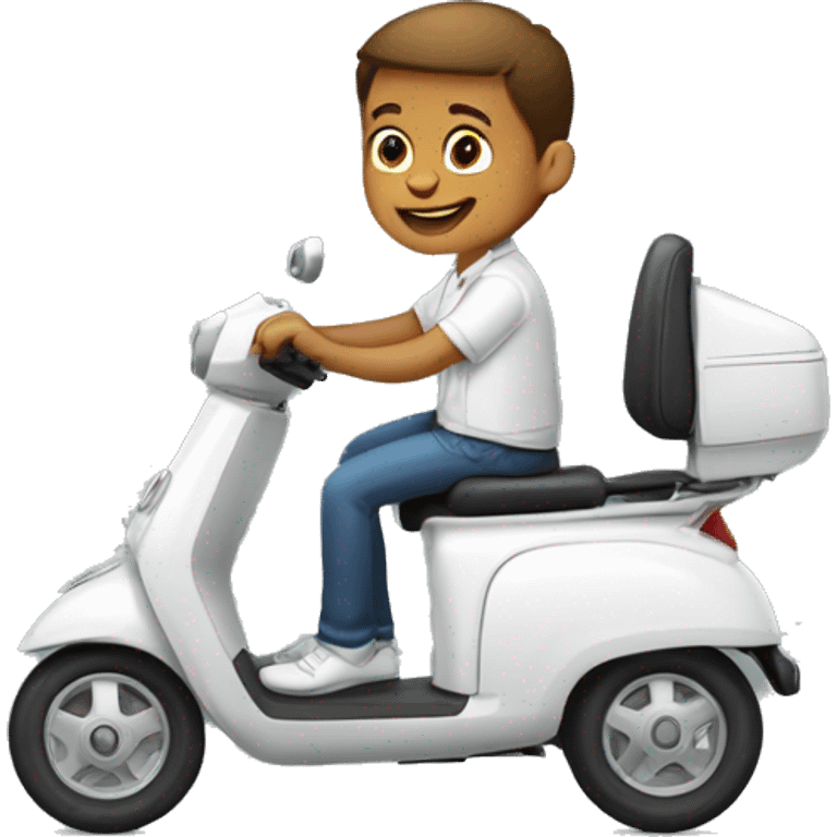 boy in white shirt riding mobility scooter emoji