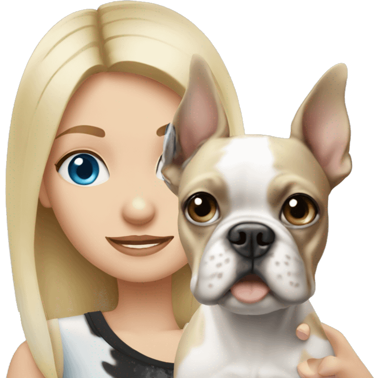 Blonde girl with blue eye holding boston terrier emoji