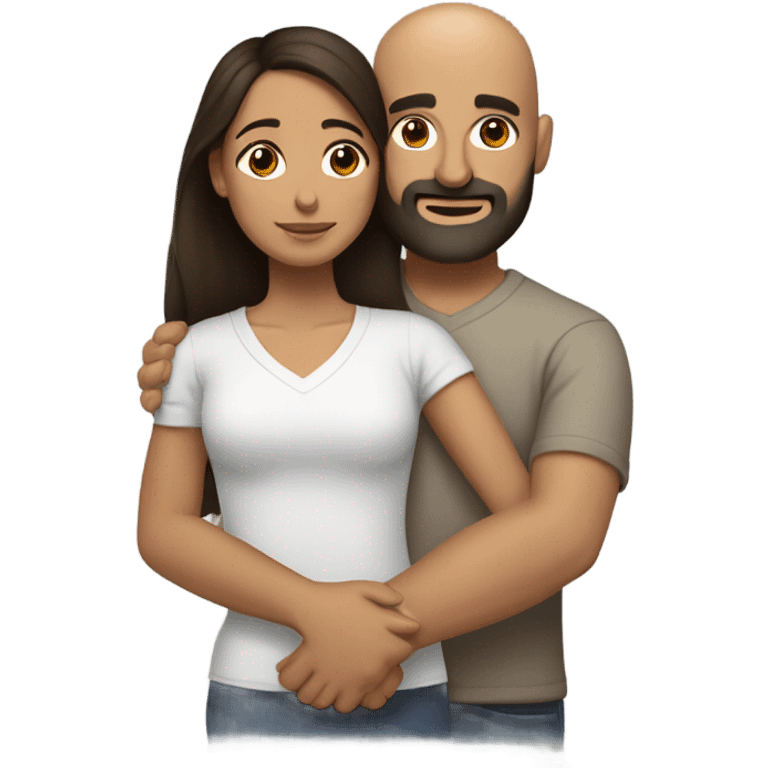 Comforting hug from brunette Puerto Rican with dark brown eyes to short, bald man with brown eyes and a beard emoji