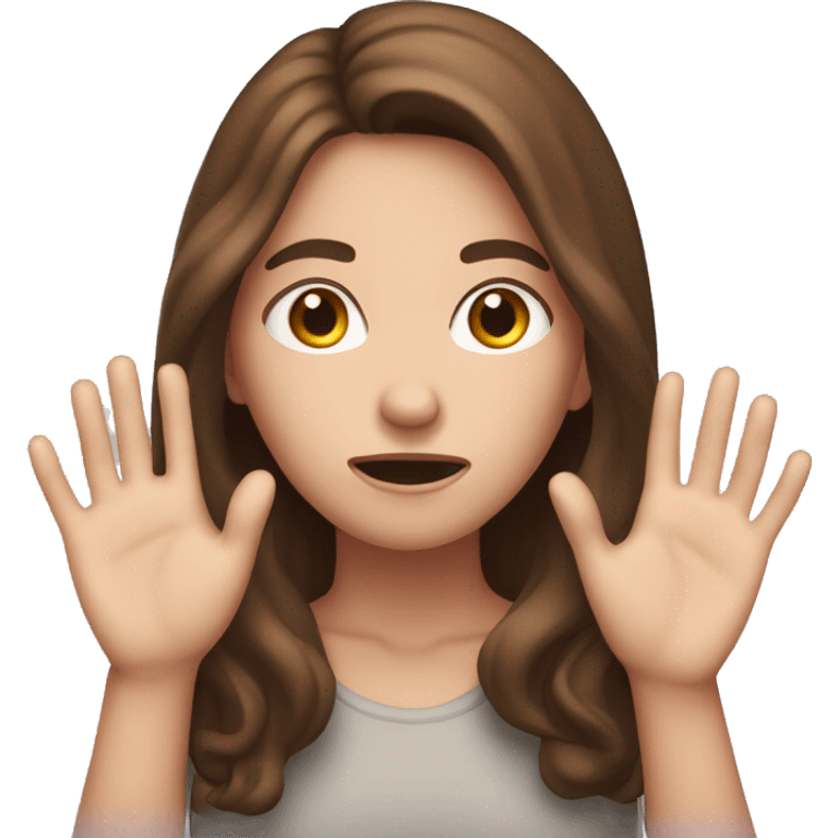 White girl with brown hair scared with hands on side of face emoji