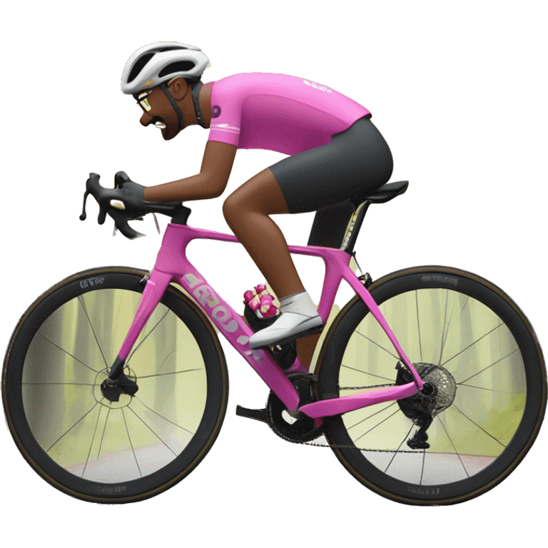 Greg on a grey Cervelo bravo, bike wearing a yellow jersey with Lori on a gray Cervelo gravel bike, wearing pink and riding in a forest emoji