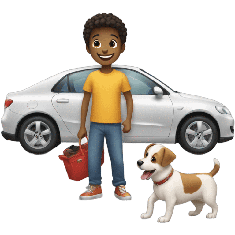 smiling young boy with car and dog emoji