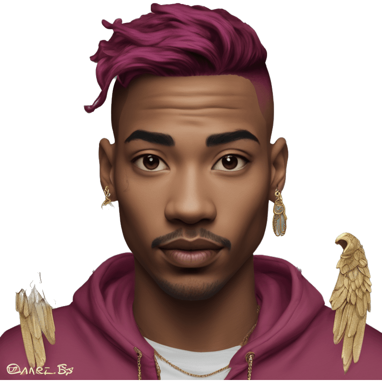 Vintage patina intricate swirls gold jewellery baroque raven wings angel tropical Deep pink maroon burgundy cyan dark hoodie man vitiligo dyed hair gold piercings nose piercing ear piercings emoji