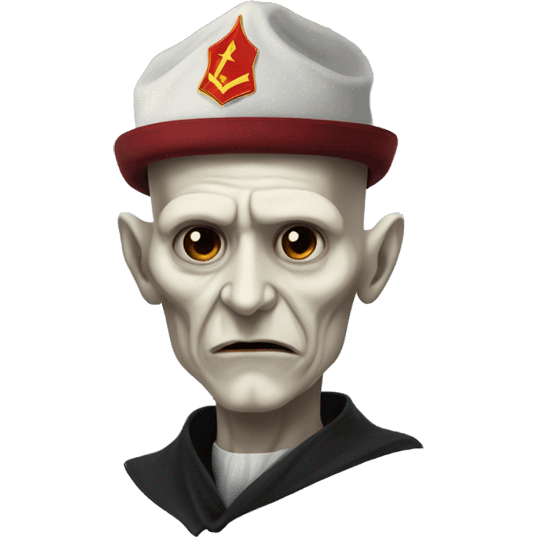 Voldemort with a Soviet Union hat biting his lip without nose emoji