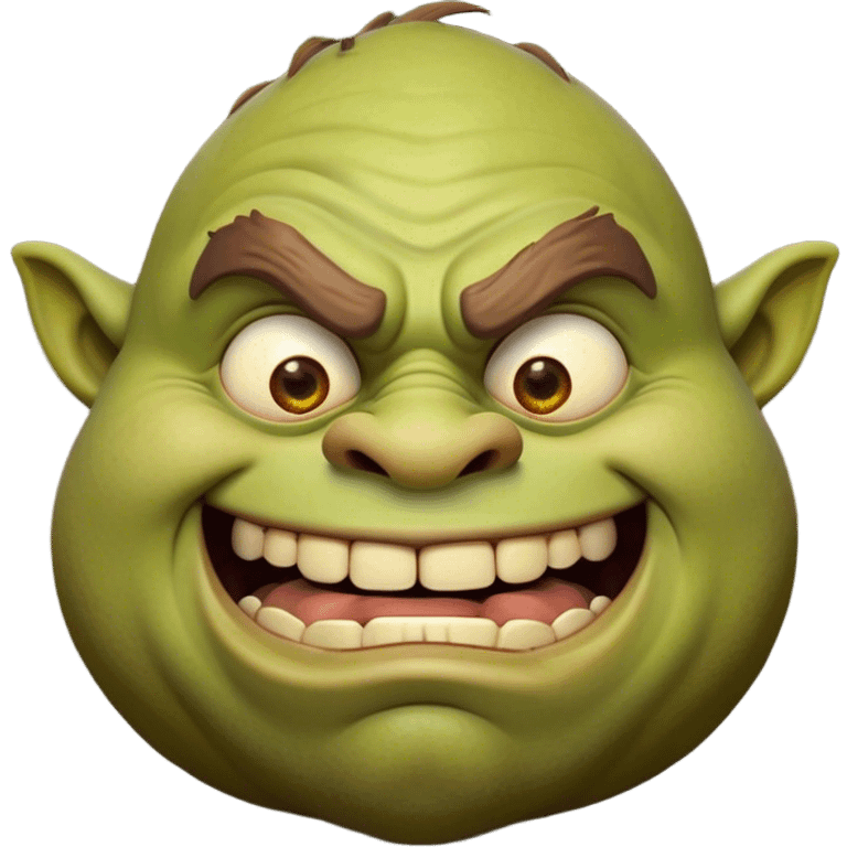 Cinematic Comical Ogre Portrait Emoji, with a strikingly exaggerated, bulky figure in vivid earthy greens and browns, head tilted in a dramatically surprised expression with wide, comically bulging eyes and a goofy, oversized grin, simplified yet hilariously exaggerated, highly detailed with a soft, cartoonish glowing outline capturing the playful absurdity of a meme-worthy ogre! emoji