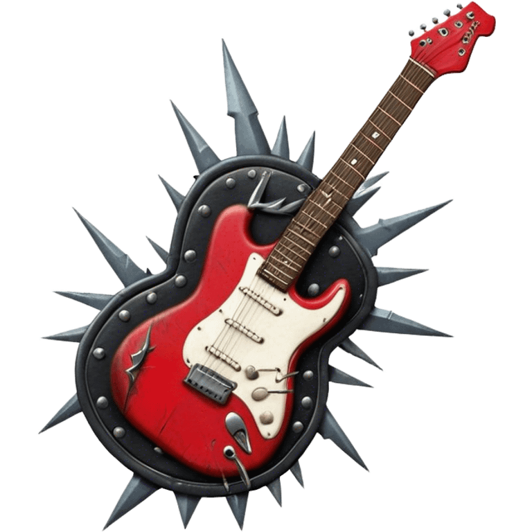 Create a powerful and dynamic humanless emoji representing rock vocals. The design should feature a classic vintage microphone with a rugged, distressed look, surrounded by elements like a guitar pick, electric guitar neck, and sound waves to reflect the raw energy of rock music. Add subtle details such as a spiked bracelet, leather textures, or bold lightning bolts to evoke the rebellious and intense spirit of rock. Use dark, edgy colors like black, red, silver, and metallic accents to emphasize the fierce, loud, and passionate nature of rock vocals. The background should be transparent. emoji