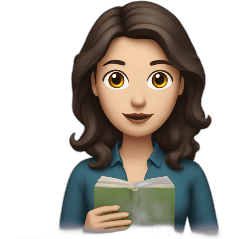 White woman with dark brown hair holding a book emoji