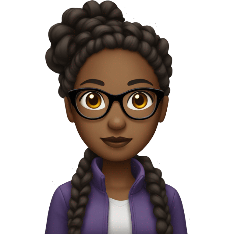 Black girl with dark brown eyes and braids with curls on the end of them and black glasses emoji