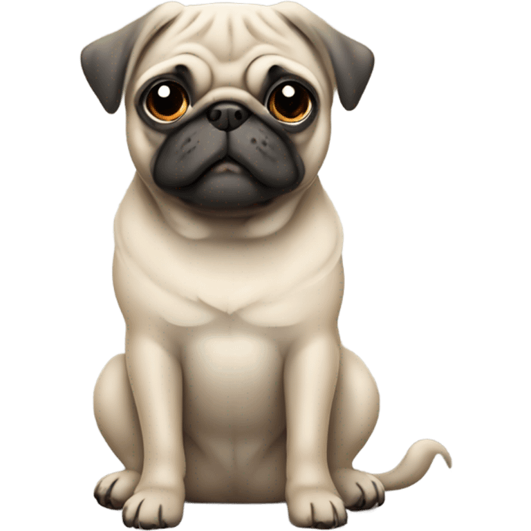 Cute beige pug sitting in a grey temt emoji