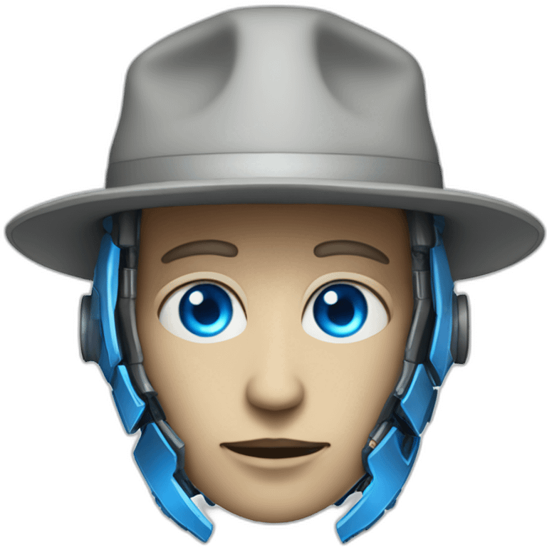 a humanoid cyborg with blue eyes that has oppenheimer's hat emoji