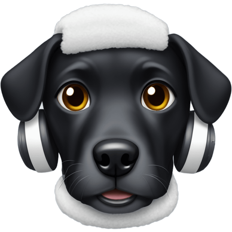 black dog with white chest wearing ear muffs emoji