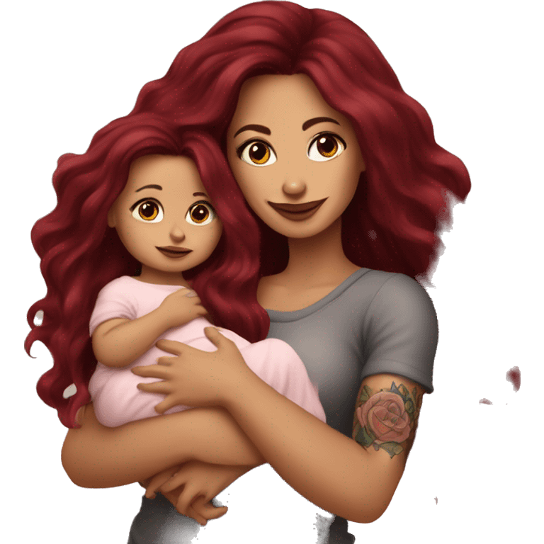 Beautiful tattooed burgundy long haired woman holding a baby emoji