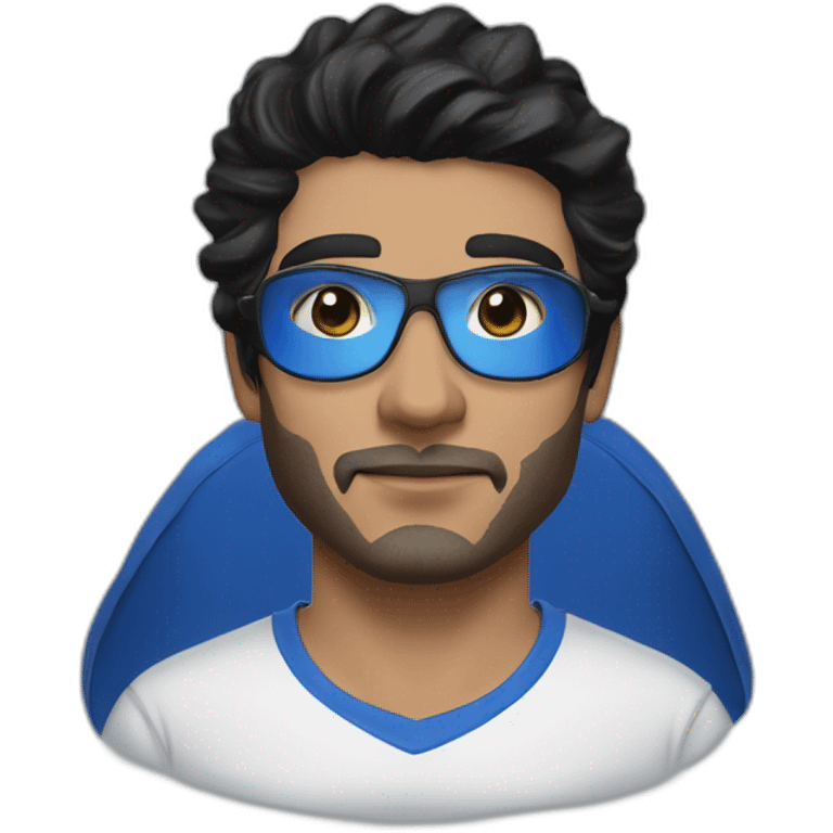 A man with gray eyes, black hair, wearing an eye mask and a Al Hilal Club T-shirt His color is blue and his skin color is white  emoji