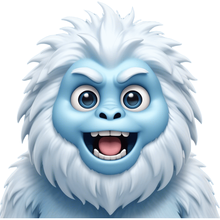 Cinematic Comical Yeti Portrait Emoji, with a cartoonishly exaggerated, fluffy figure in cool, frosty whites and icy blues, head tilted in an overly surprised expression with wide, comically sparkling eyes and a quirky, open-mouthed grin, simplified yet hilariously detailed, glowing with a soft frosty outline capturing the meme-worthy fun of a yeti in playful shock! emoji