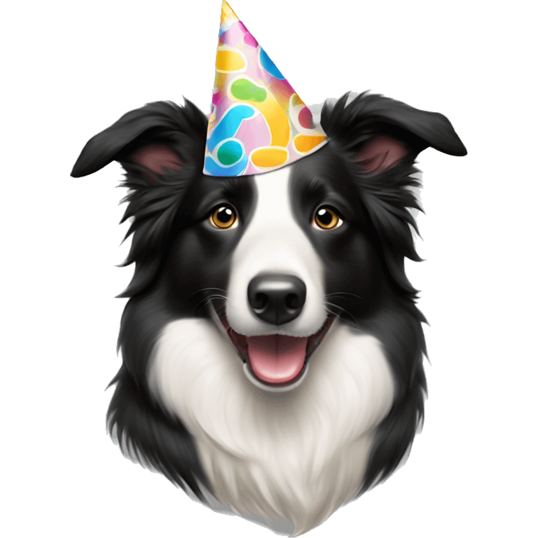 A  happy Australian Border Collie with a half-black, half-white face wearing a Birthday Party Hat.  emoji