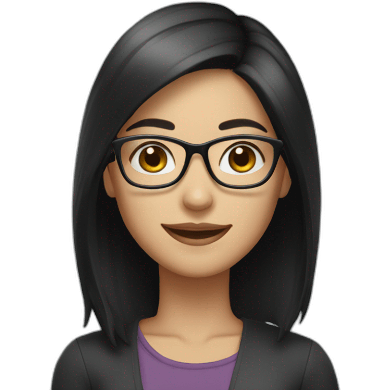 woman wearing glasses, narrow eyes, shoulder length black hair, white skin, smiling emoji