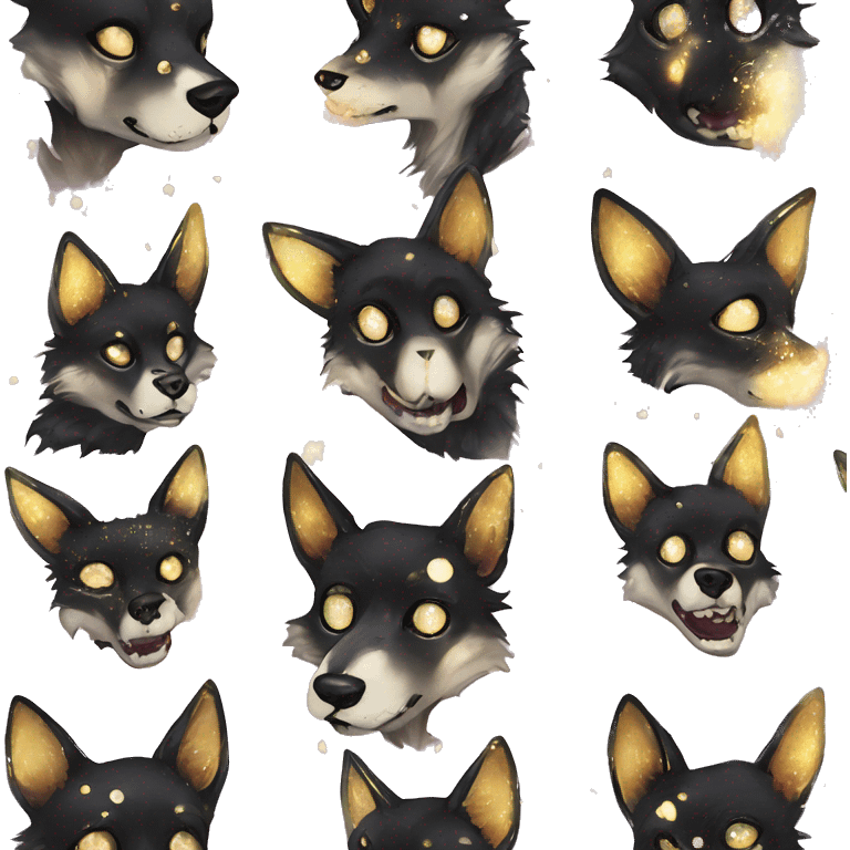 Sparkling Black iridescent dog fox zombie skeleton gold mechanical nebula galaxy stars flowers fairy lights vintage emoji