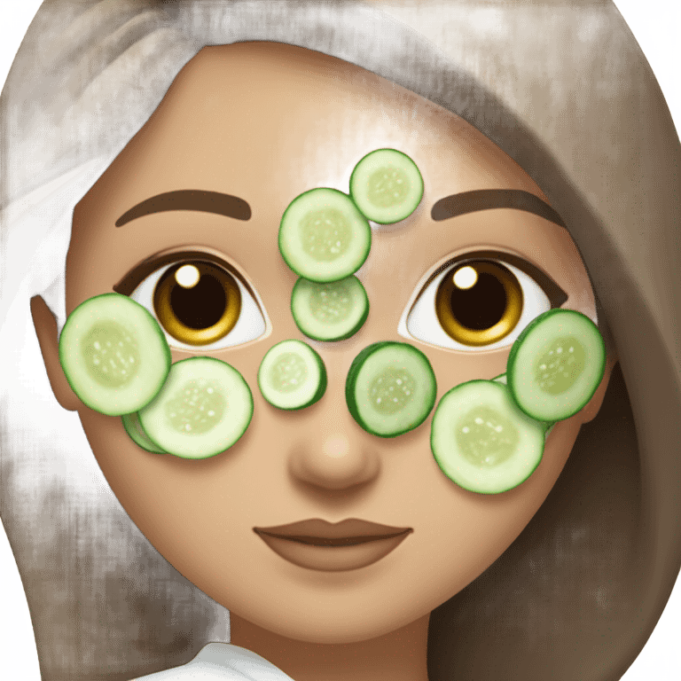 White girl with Brown hair and blue eyes wears a Green colored skincare clay textured mask and puts on cucumbers around her eyes while She relaxes in her white Robe emoji