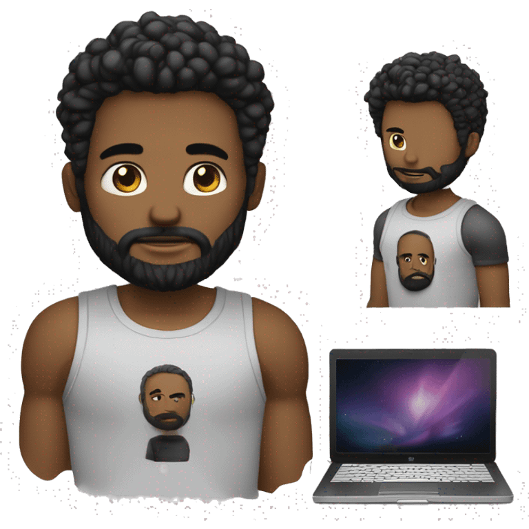 Emojy d'un homme, avec l'ordinateur portable devant, style Apple, moderne, une légère barbe bien taillée, des cheveux chauves, un t-shirt Marvel noir, un ordinateur à la main emoji